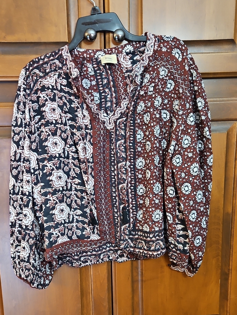 Ella Bohemian Floral Patchwork Blouse in Burgundy